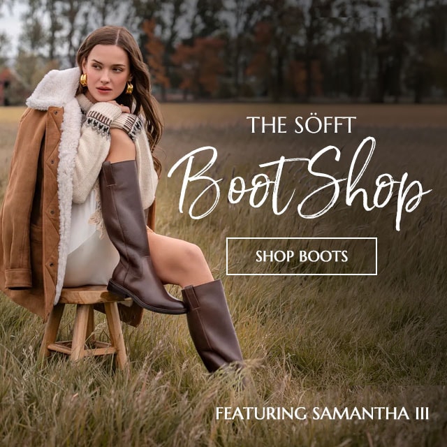 The S&ouml;fft Boot Shop. Shop Boots. Featuring a woman in a field sitting on a stool wearing the Samantha III tall boot in brown.