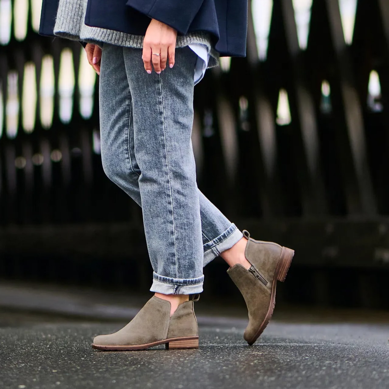 Featuring the Beatrice side-zip bootie in grey suede.