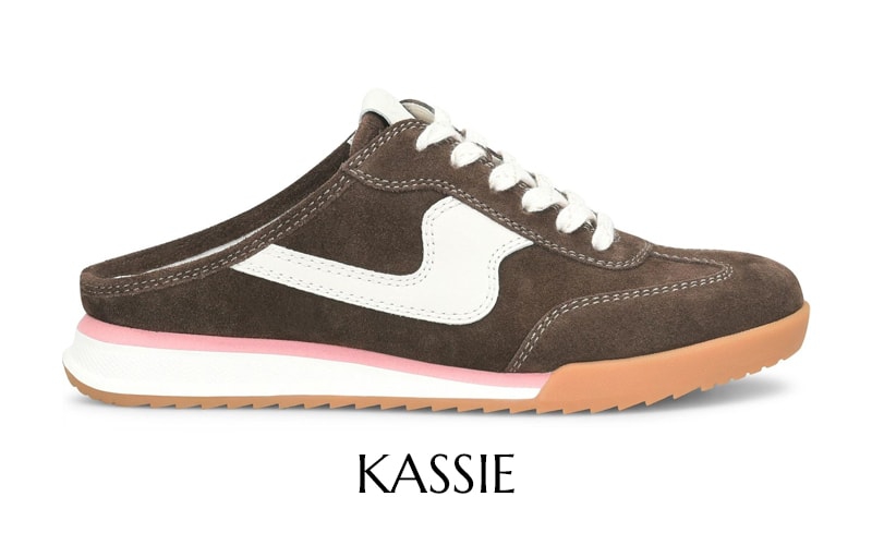 Featuring the Kassie open back sneaker in brown.