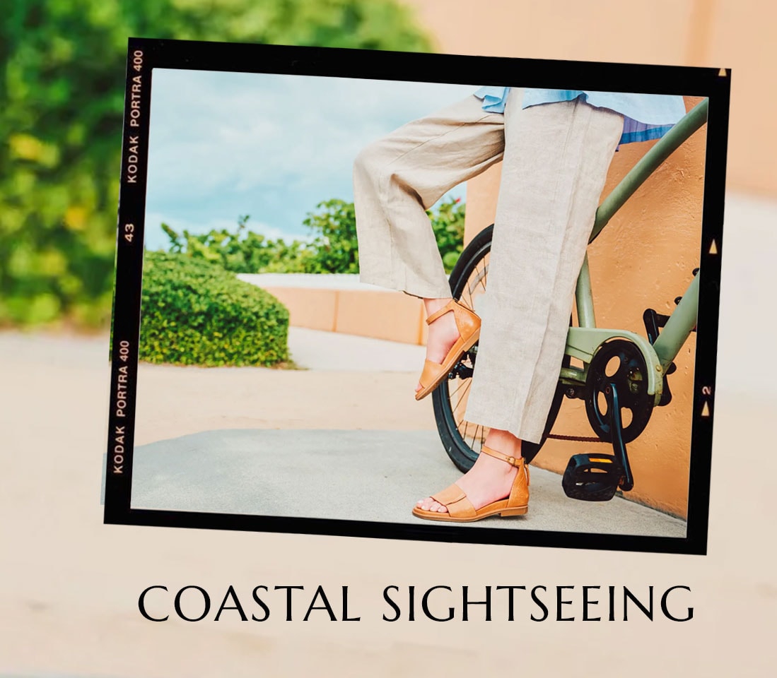Coastal Sightseeing. Featuring the Reyna ankle strap sandal in tan.