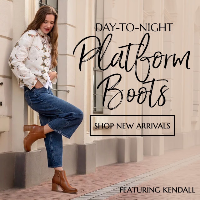Day-To-Night Platform Boots. Shop New Arrivals. Shop New Arrivals. Featuring a woman standing against a building wearing the Kendall heeled platform bootie in brown.