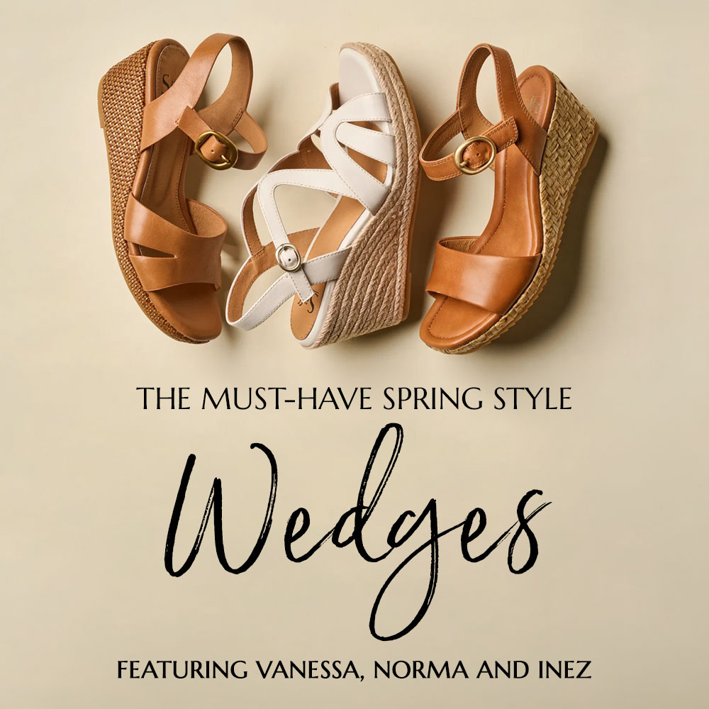 The must-have spring style wedges/ Featuring the Vanessa sandal in tan, Norma sandal in white and Inez sandal in tan.