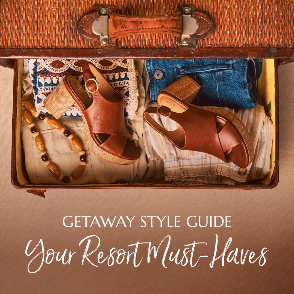 Getaway Style Guide. Your resort must-haves. Featuring the Liv sandal in brown.