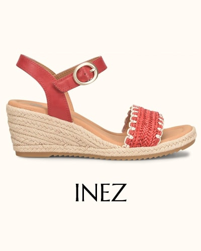 Featuring the Inez sandal in red.