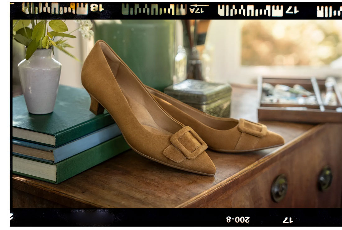 Featuring the Sadie kitten heel in tan.