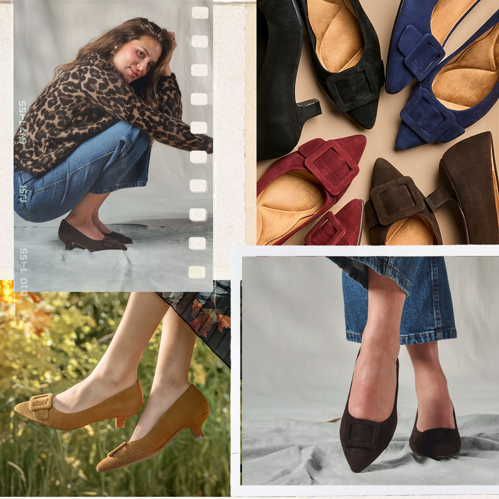 A montage of the Sadie kitten heel on model in various environments.