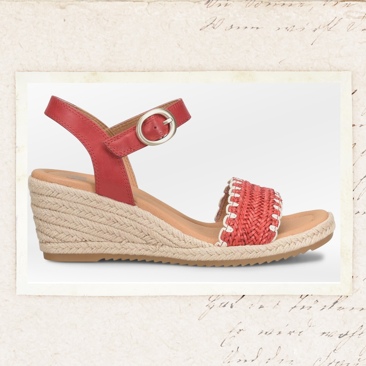 Featuring the Inez sandal in red.