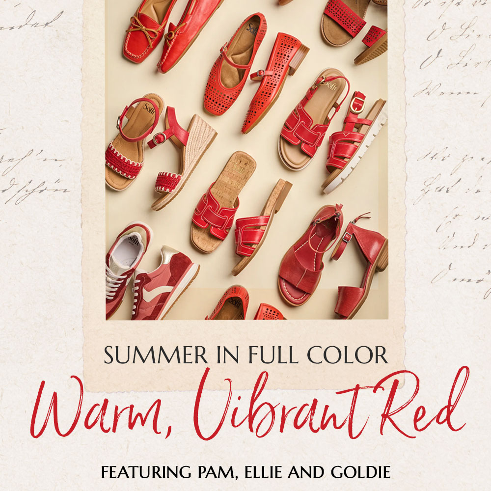 Summer In Full Color. Warm Vibrant Red. Featuring the Pam sandal in red, Ellie Sandal in red and Goldie sandal in red.