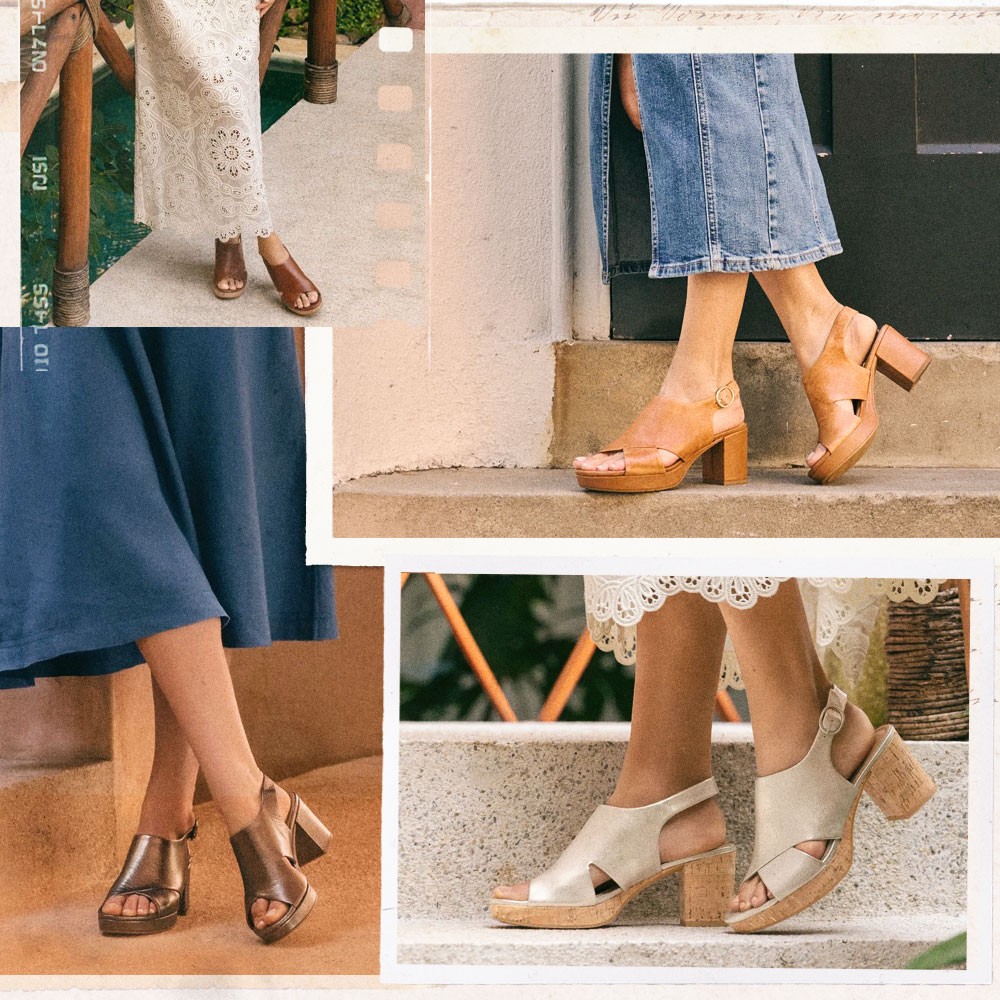A montage of the Liv sandal in metallic, brown, tan and white on model in various environments.