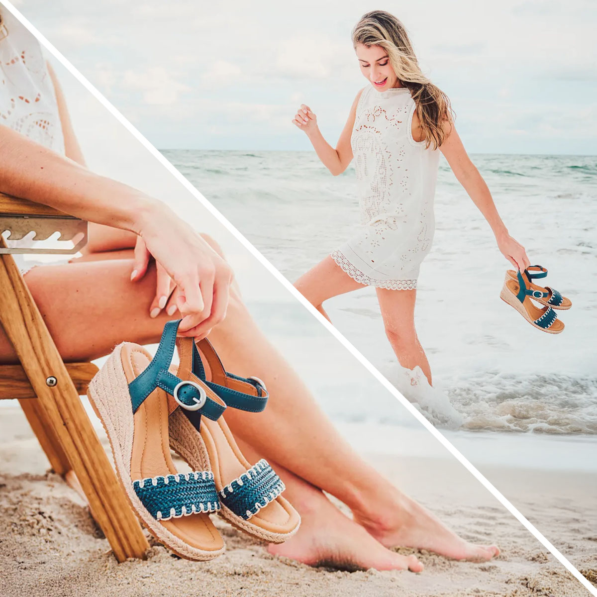 Split image of a woman holding a par of the Inez wedge sandals in blue.