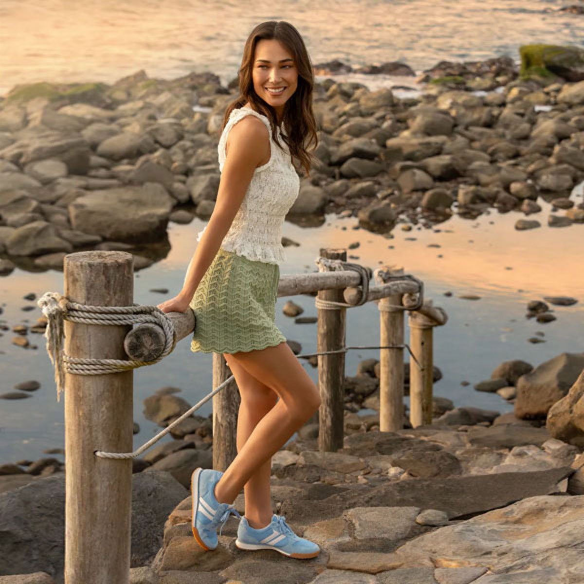 Woman standing next to a wooden fence by the water. Featuring the Kameron sneaker in blue.