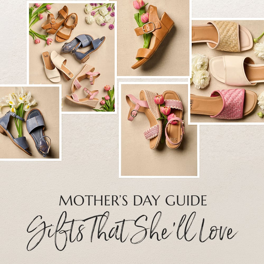 Mother's Day Guide. Gifts That She'll Love. A montage of images of the Faxyn sandal in brown, Inez wedge sandal in pink, Sahara slide in various colors and Vaya wedge sandal in brown.