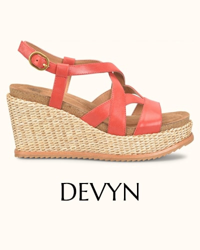 Featuring the Devyn sandal in red.