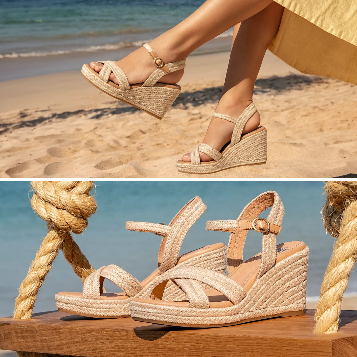 Split image of a woman wearing the Newbury wedge sandal in tan and shot of the Newbury wedge sandal in tan on a wooden swing.