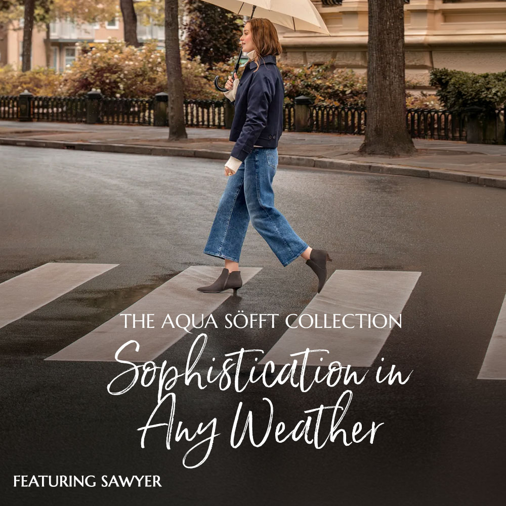 The Aqua Sofft collection. Sophistication in any weather. Featuring the Sawyer kitten heel bootie in grey.