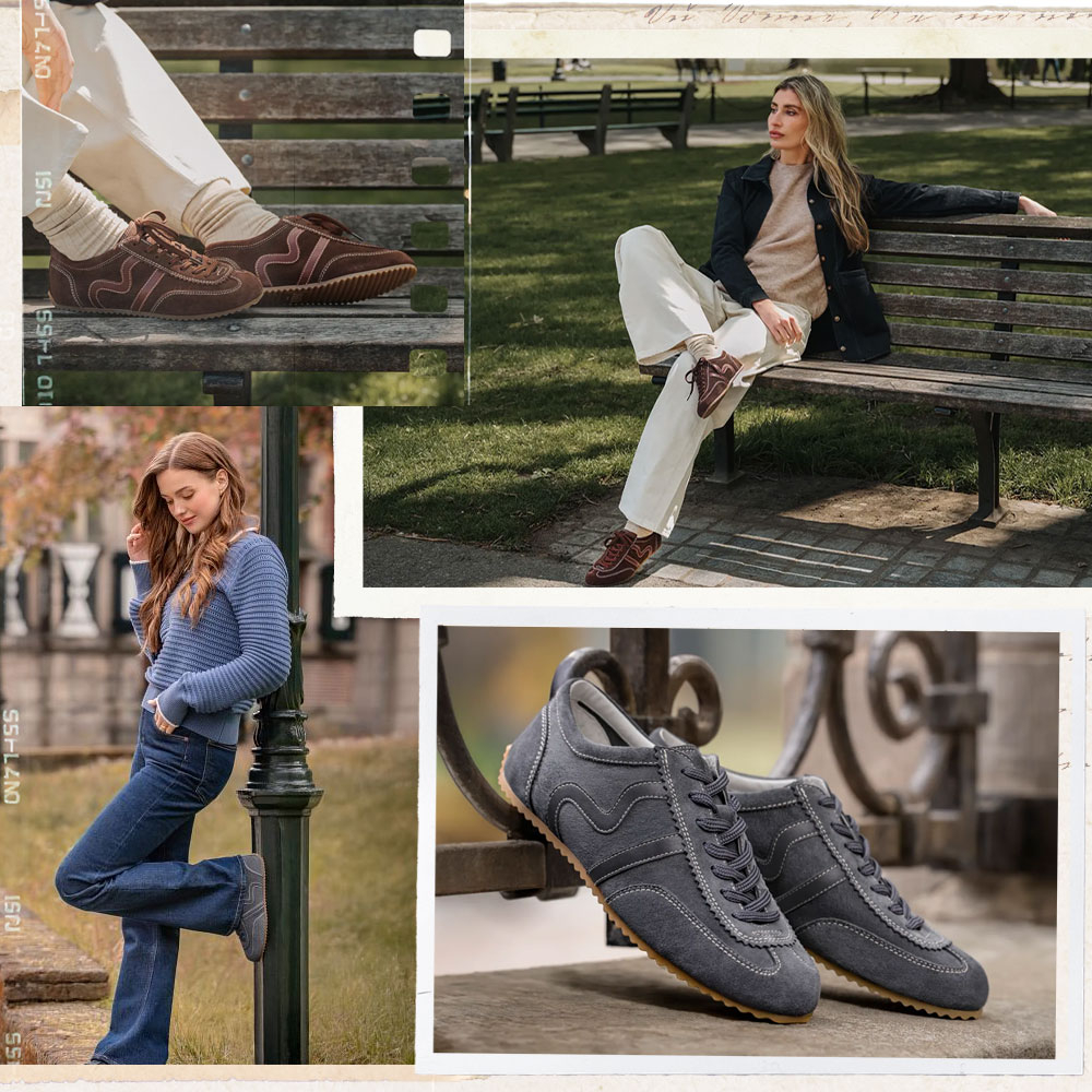 A montage of the Aubree sneaker in grey and brown on model in various city and park environments.