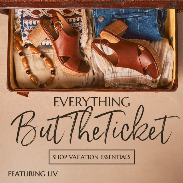 Everything but the ticket. Shop Vacation Essentials. Featuring the Liv sandal in brown.