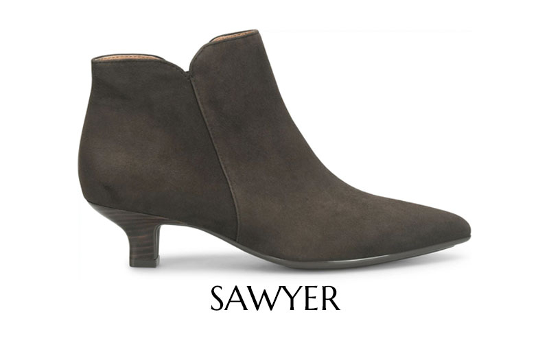 Featuring the Sawyer kitten heel bootie in brown suede.