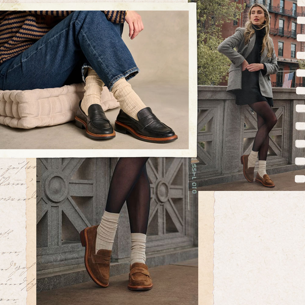 A montage of the Mara loafer on model in various environments.