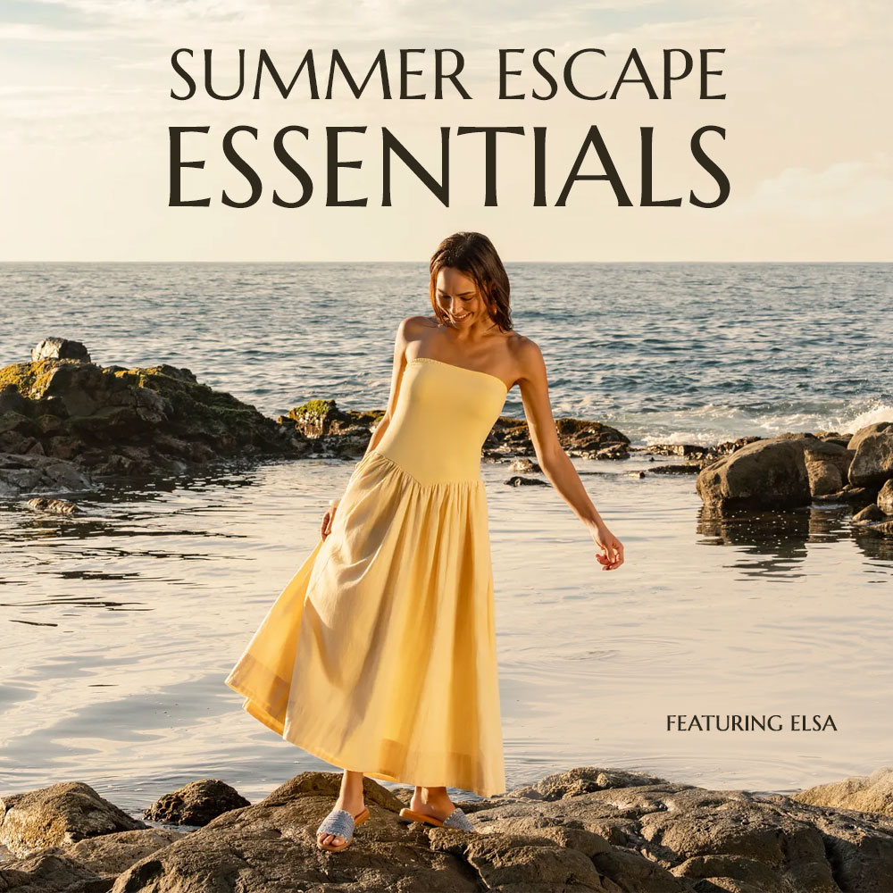 Summer Escape Essentials. Featuring the Elsa Sandal in blue.