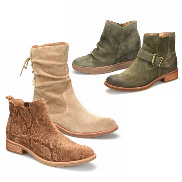 Siri boot in Olive-Fatigue-Suede, Brocke boot in Green, Bellis III Boot Cognac Snake and the Sharnell-Heel-Low boot in Barley-Suede.